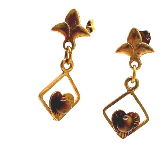 Vtg 12K GF Earrings 14K Gold Posts Tigers Eye Stone Open Diamond Design Pierced - Picture 1 of 8